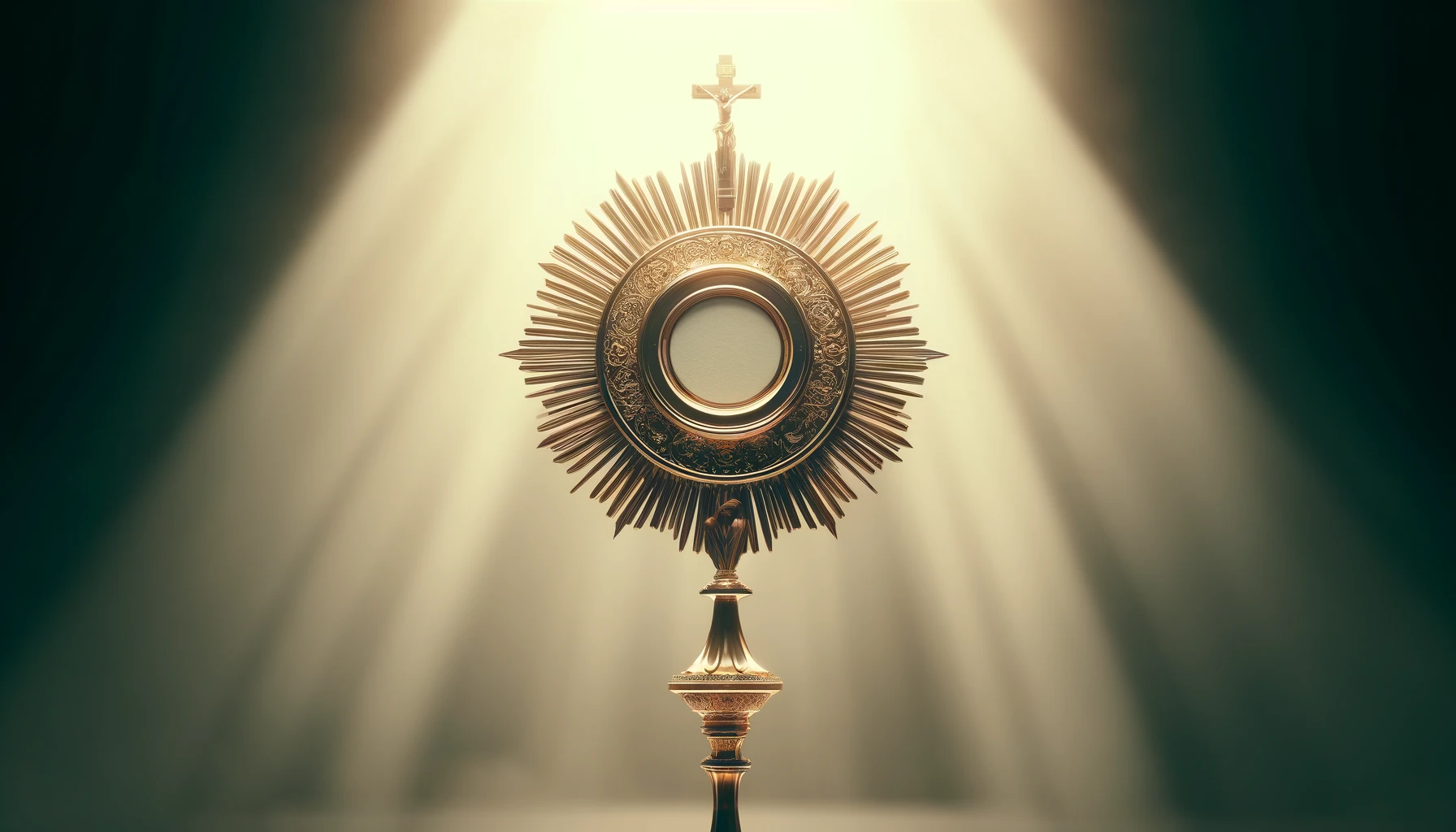 DALL·E 2024 04 30 08.57.33 A wide image of a monstrance with a standing host from which a radiant light emanates. The background is softly illuminated by the light emphasizing