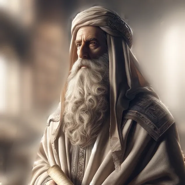 DALL·E 2024 05 07 22.43.11 A biblical wise man depicted as an elderly figure with a long white beard and robes holding a scroll. He stands against a backdrop of empty walls