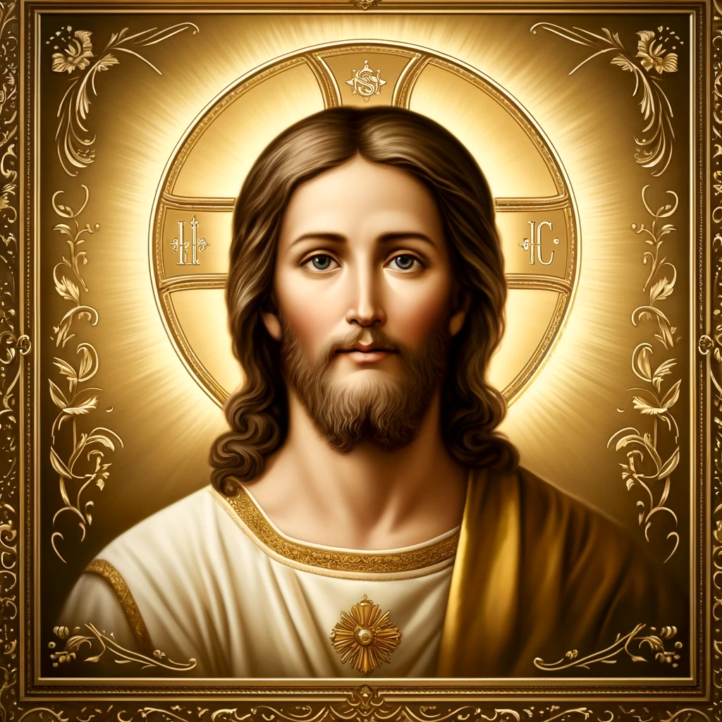 DALL·E 2024 06 05 12.06.03 A Catholic depiction of Jesus Christ in a square format. The image features Jesus with a serene and compassionate expression wearing traditional robe